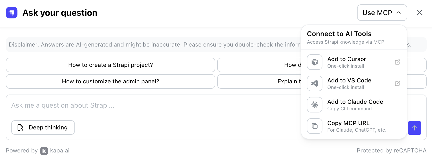 Ask AI modal with Use MCP options highlighted