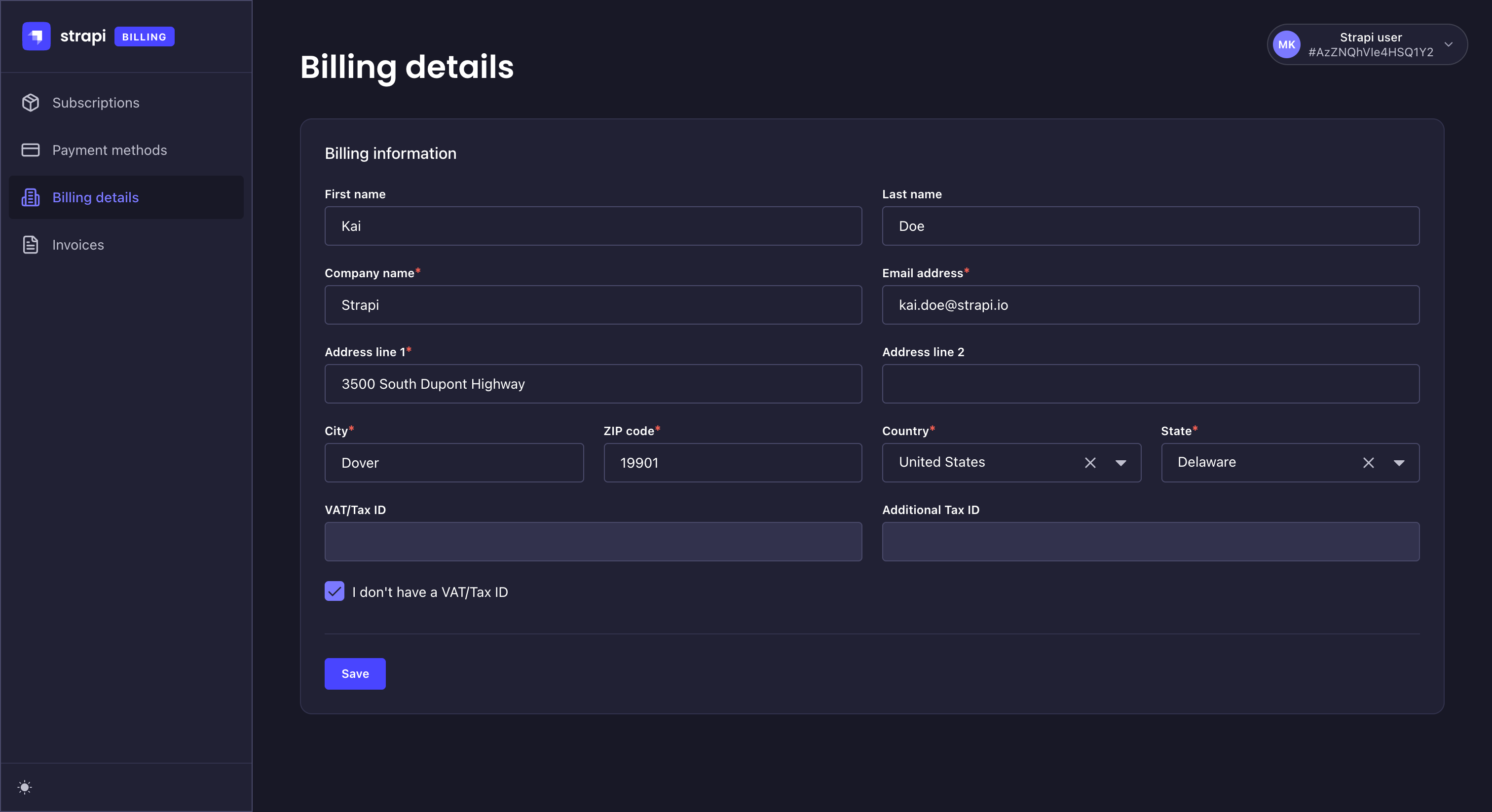 Billing portal screenshot: billing details