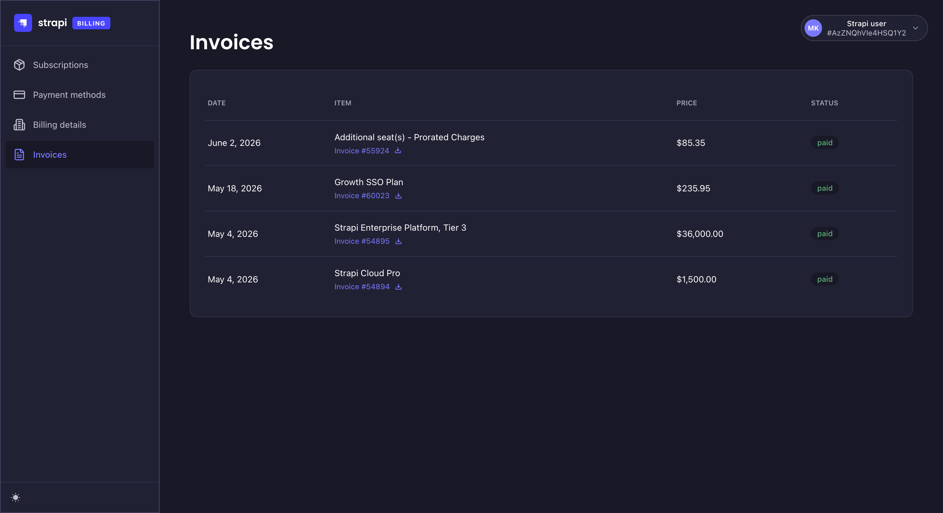 Billing portal screenshot: invoices