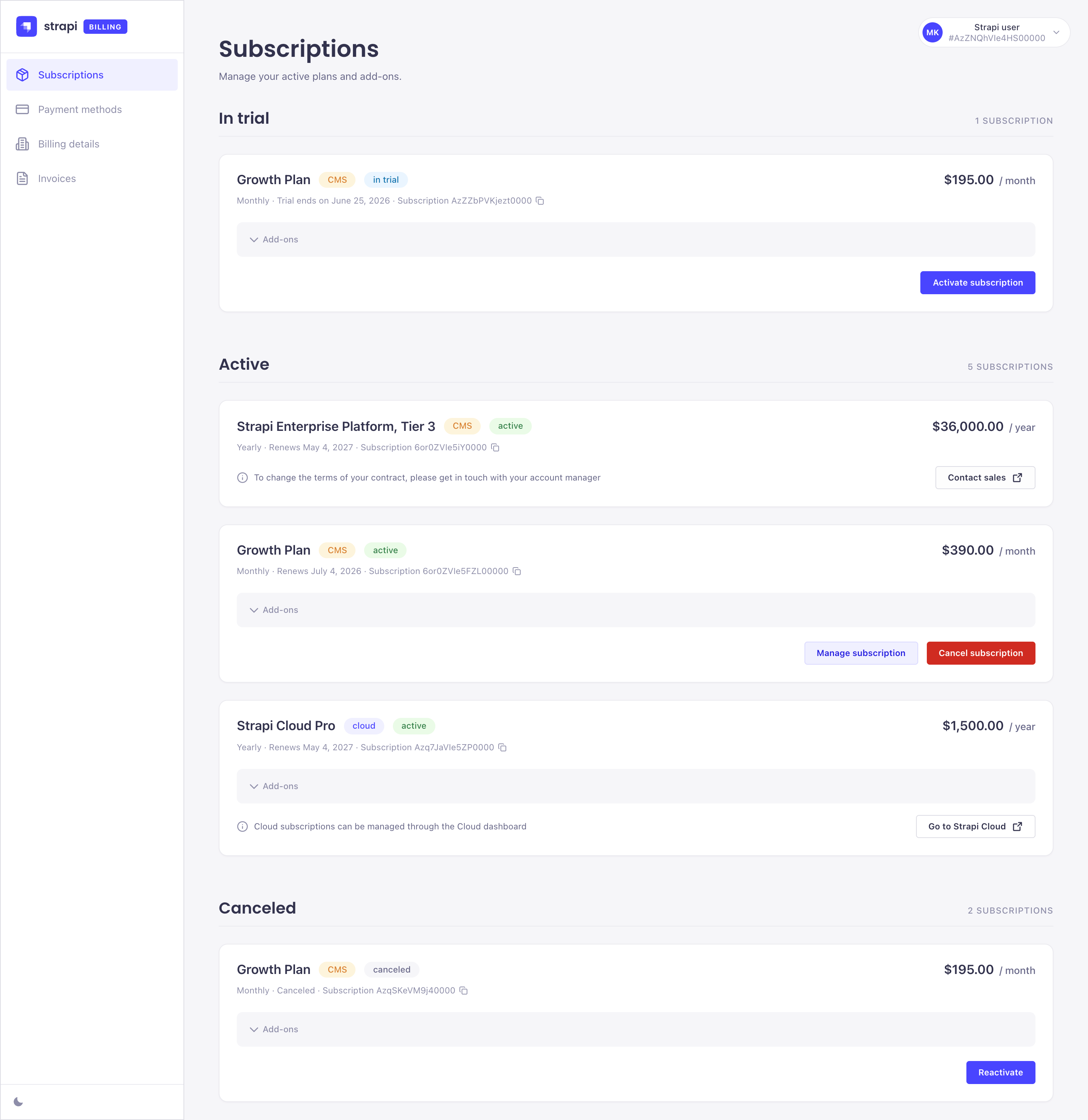 Billing portal screenshot: subscriptions