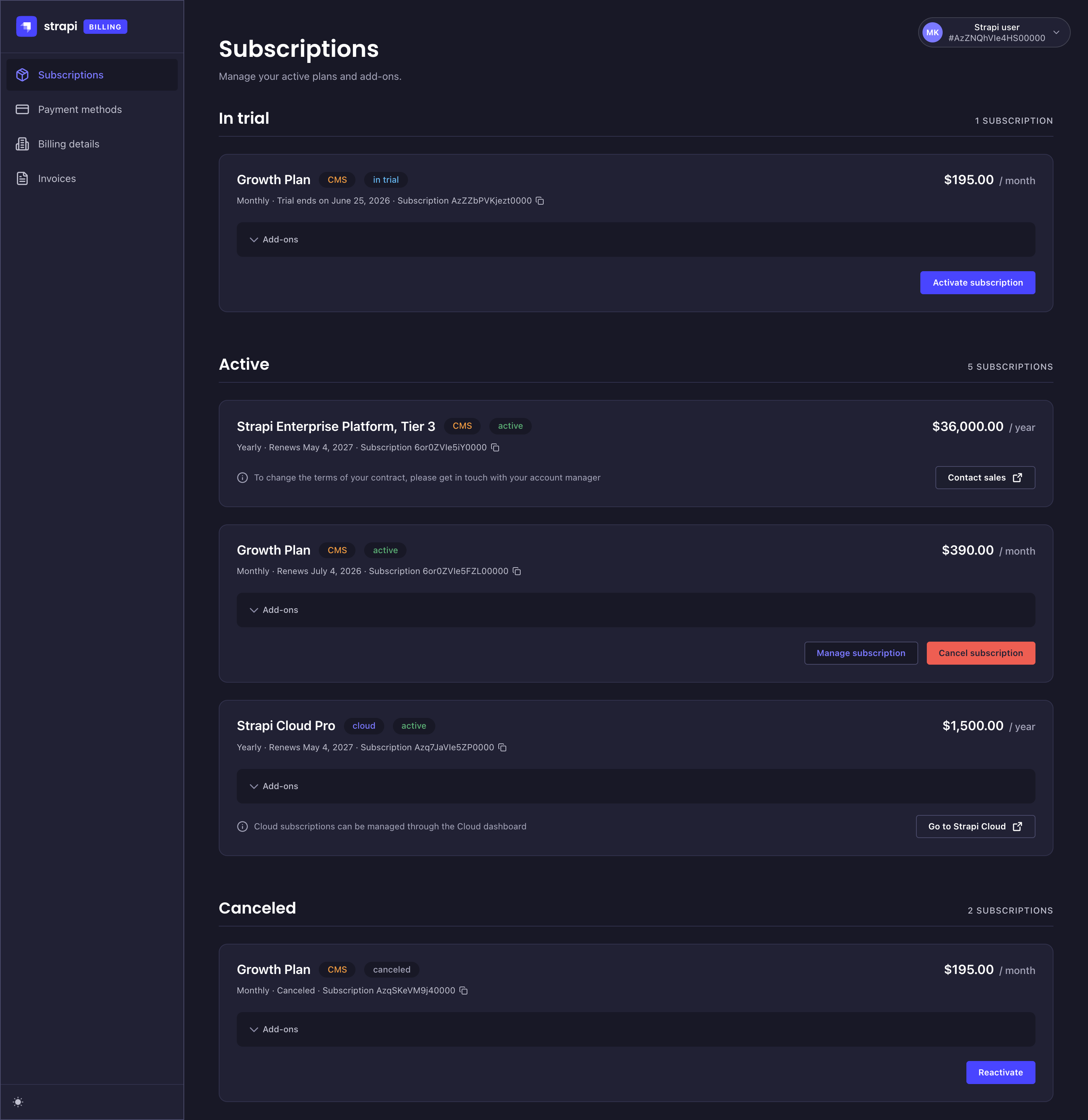 Billing portal screenshot: subscriptions