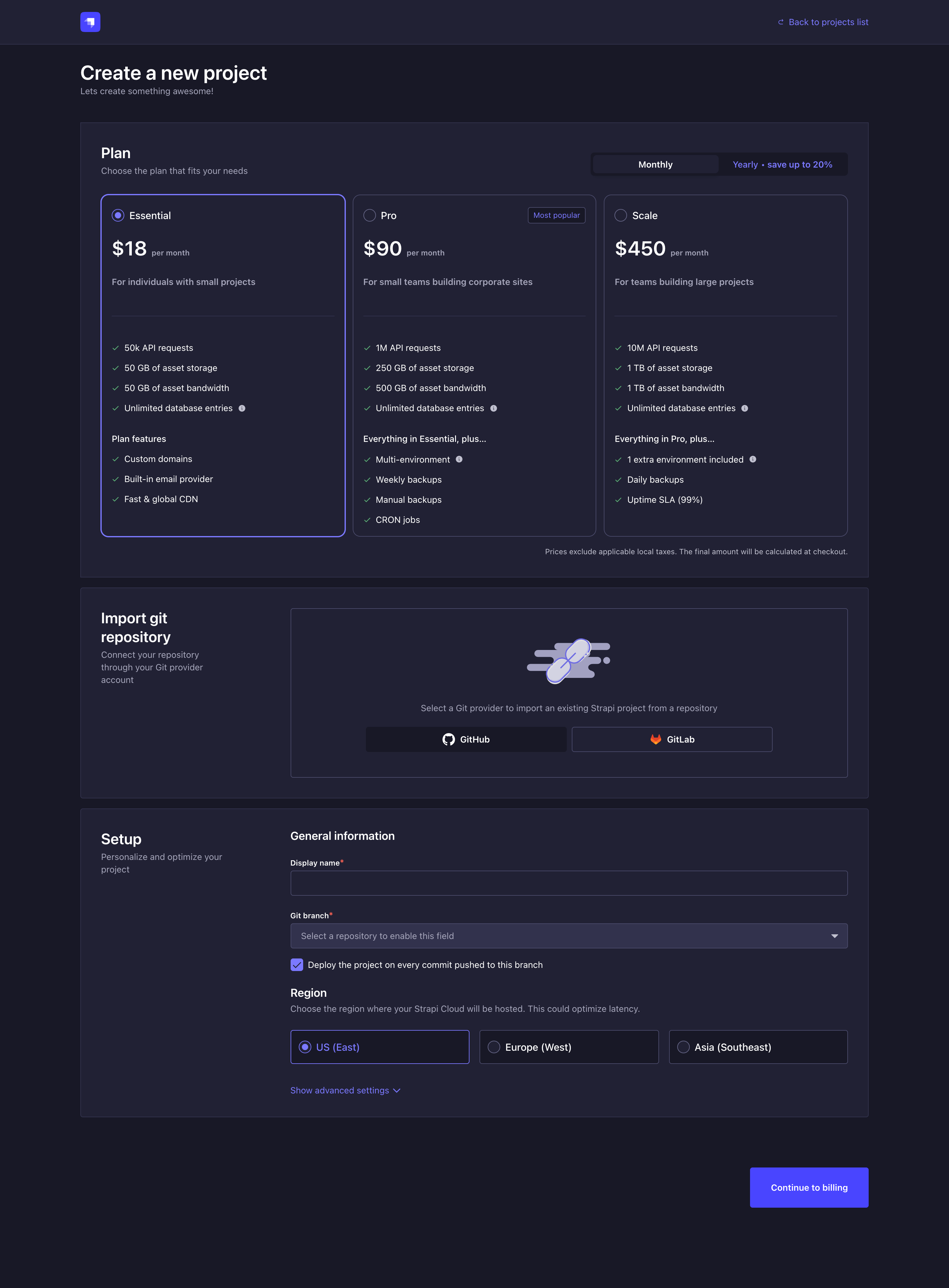 Strapi Cloud project creation, step 1