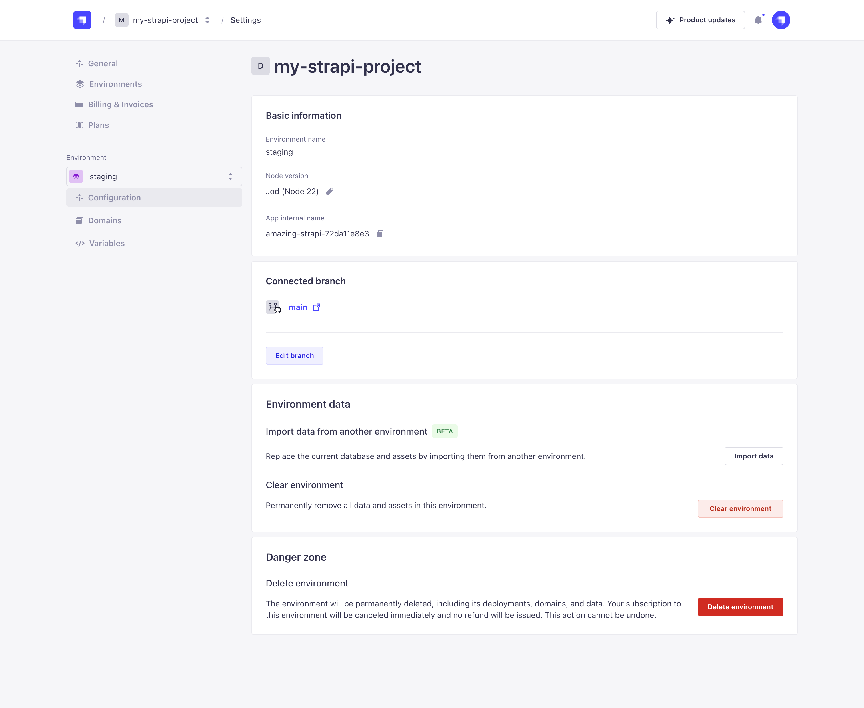 Environment configuration settings