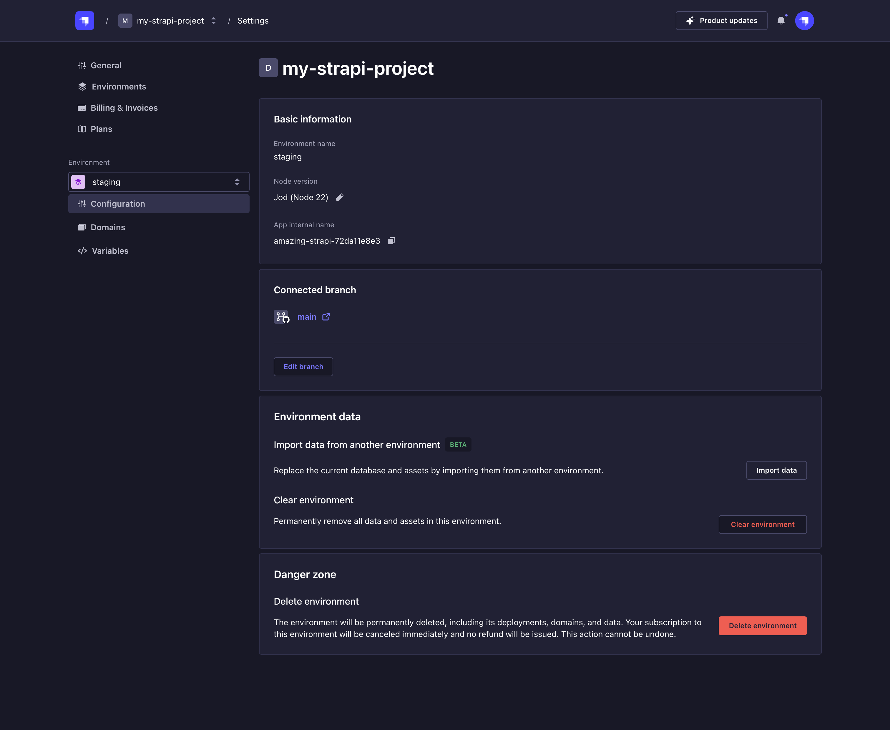 Environment configuration settings